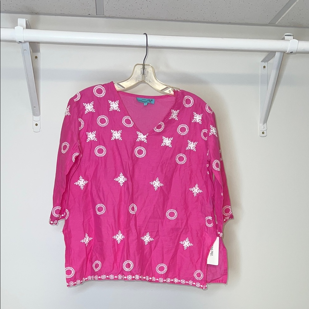 Letarte‎ Bright Pink Top 3/4 Sleeve Cotton Resort Wear- Large Petite